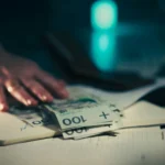 Tangan meraih uang kertas di atas meja kantor dengan buku catatan dan kalkulator